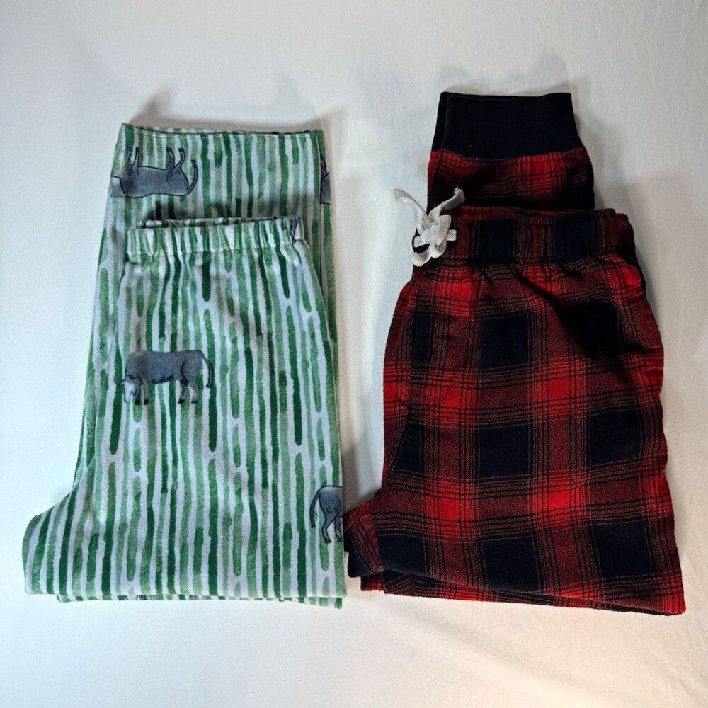 Women’s Pajama Pants 2 Piece Lot Red Plaid Joggers Green Fleece Cow Print Medium